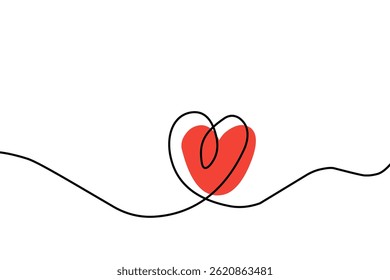 Simple red heart continuous wavy line art drawing on white background. Happy valentine's day header or banner or letter template. vector heart. 