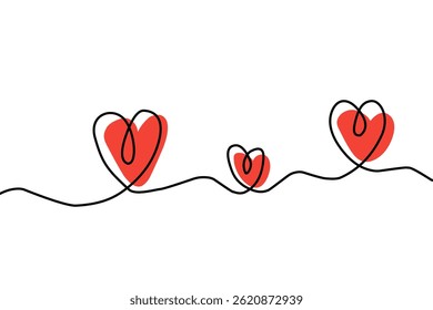 Simple red heart continuous wavy line art drawing on white background. Happy valentine's day header or banner or letter template. vector heart.