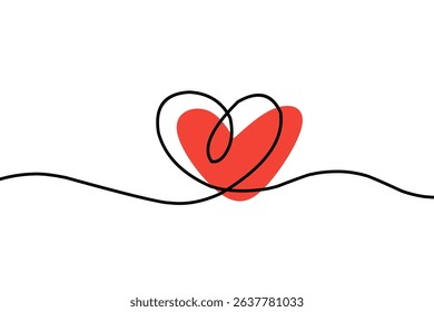 	
Simple red heart continuous wavy line art drawing on white background. Happy valentine's day header or banner or letter template. vector heart.