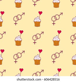 Simple red heart cupcake sharp vector seamless pattern and pink gift color card beautiful celebrate bright emoticon symbol holiday abstract art decoration.