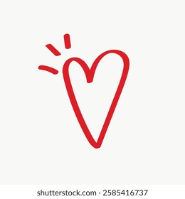 Simple red heart doodle with playful lines. Heart symbol in red, sketched with emphasis on simplicity. Red heart drawing with casual, fun style. Valentine's Day illustration vector.