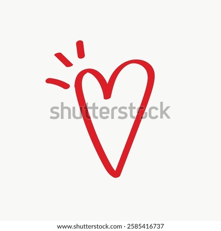 Simple red heart doodle with playful lines. Heart symbol in red, sketched with emphasis on simplicity. Red heart drawing with casual, fun style. Valentine's Day illustration vector.