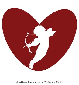 simple red heart icon with cupid shadow holding cupid's bow and arrows, valentines day design	