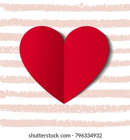 Simple Red Heart Icon isolated on the Hand Drawn Pink Stripes. Vector Illustration. Modern Paper Cut Style. Dirty Stroke Design Backround.