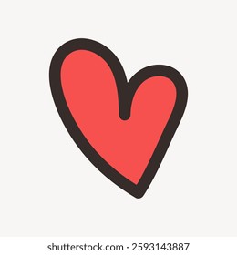 Simple red heart illustration with a bold black outline. The heart shape is slightly tilted, giving it a playful and whimsical appearance. Red heart with black outline. Isolated vector illustration.