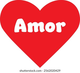 Simple red heart with the letters AMOR - Portuguese for love - in white writing style of the sixties. Vector illustration EPS.