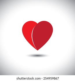 simple red heart love icon with 2 parts - vector icon. This also represents heart break, disappointment, passion, romance, friendship, relationship, bonding, compassion, empathy