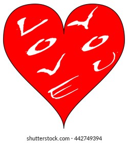 Simple red heart. "Love you" written inside. Isolated over a white background. Vector.