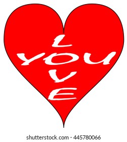 Simple red heart. "Love you" written inside. Isolated over a white background. Vector.