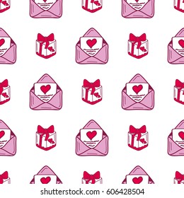 Simple red heart mail sharp vector seamless pattern and pink gift color card beautiful celebrate bright emoticon symbol holiday abstract art decoration.