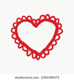 Simple red heart with scalloped edges on a white background. The heart design is bold and striking, with a red outline. Heart symbolizes love and affection. Valentine's Day illustration vector.