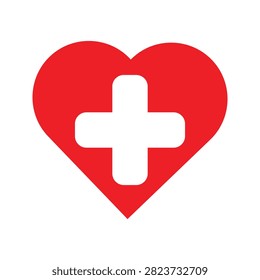 A simple red heart shape icon featuring a white medical cross cutout, representing love, care, health, medicine, and hospital services.