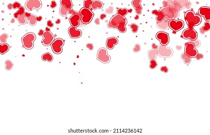 Simple red hearts falling valentine background. Creative holiday party decor. Framed hearts love emotion symbols isolated on transparent background. Birthday sweet decor.