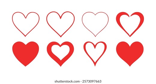 Simple Red Hearts Isolated on White for Valentine's Day Card or T-Shirt Design. Hand Drawn Simple Red Hearts, Isolated Valentine's Day Heart Icons for Cards, T-Shirt Designs, Cute Red Love Symbols