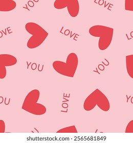 Simple red hearts seamless pattern with the words love you on a pink background. Suitable for gift wrapping or greeting card for Valentine's Day. EPS10