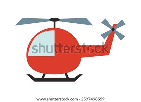A simple red helicopter with a blue rotor and black skids, depicted in a minimalistic and flat design style on a white background. Concept of aviation and transport. Vector illustration