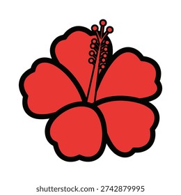A simple red hibiscus flower with black outline and stamen details.