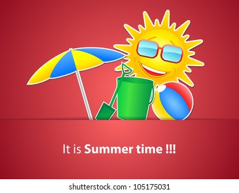 Simple red Holiday Card with sun, umbrella, buck with shovel and beach ball made from paper-vector