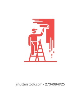 Um simples ícone vermelho representando um pintor em uma escada aplicando tinta em uma parede.