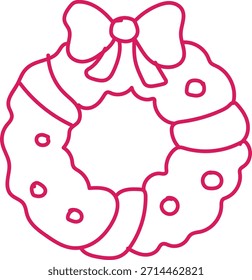 Dibujo rojo simple del arte de la línea de una corona de Navidades con un arco, aislado en un fondo blanco, perfecto para una página para colorear.