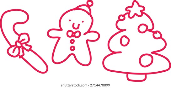 Dibujos de arte de línea roja simple de un bastón de caramelo, hombre de jengibre y árbol de Navidad sobre un fondo blanco.