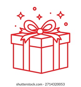 A simple, red line art icon depicting a square gift box tied with a large bow on top, surrounded by small star-like sparkles, isolated on a pure white background.