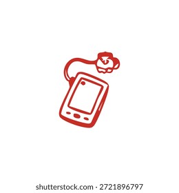 Um simples ícone de arte com uma linha vermelha representa um dispositivo móvel, possivelmente um PDA ou smartphone, com uma pulseira presa, apresentado em um fundo branco.