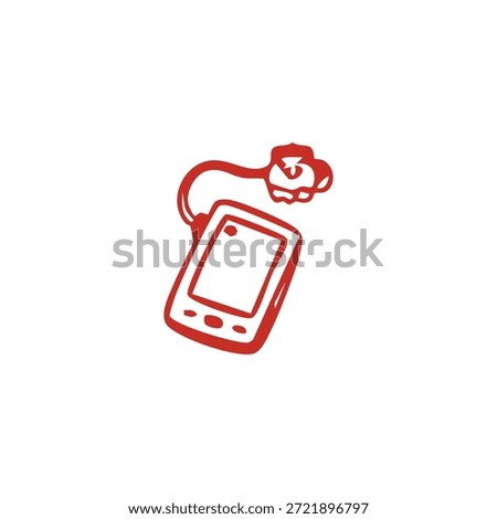 A simple red line art icon depicts a mobile device, possibly a PDA or smartphone, with a wrist strap attached, presented on a white background.