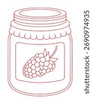 A simple red line art illustration of a glass jar filled with raspberry jam, featuring a label with a raspberry graphic.