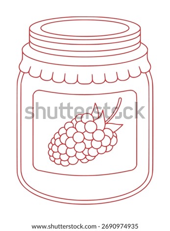 A simple red line art illustration of a glass jar filled with raspberry jam, featuring a label with a raspberry graphic.