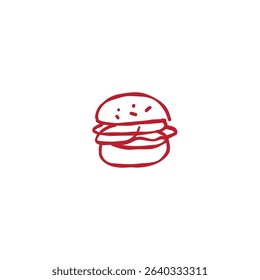 Simple red line drawing of a classic burger on white background