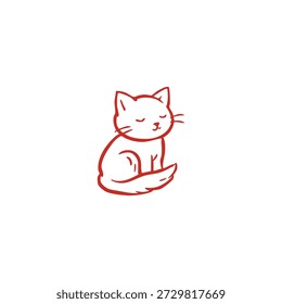 Un simple dibujo de línea roja de un lindo gato sentado con los ojos cerrados.
