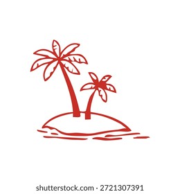 Un simple dibujo de línea roja representa una isla con dos palmeras y olas.