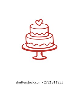 Eine schlichte rote Linie zeigt einen festlichen zweigeteilten Kuchen, der mit einem kleinen Herzen überzogen ist und auf einem dekorativen Ständer präsentiert wird.