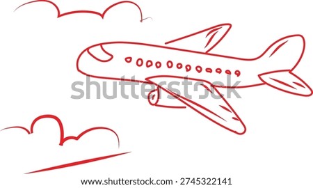 Simple red line drawing depicts an airplane flying above stylized clouds representing aviation travel and holiday journeys suitable for creative design elements.