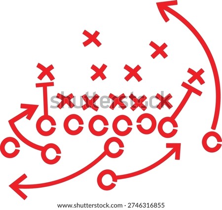 Simple red line drawing illustrates a complex offensive play diagram for American football strategy on a white background.