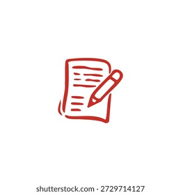 A simple red line drawing shows a piece of paper with lines and a pencil writing on it.