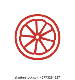 A simple red line drawing of a sliced citrus fruit representing a lemon lime or orange on a white background