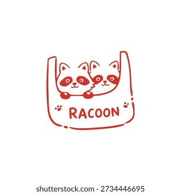 Dibujo de línea roja simple de dos mapaches de dibujos animados juguetones que se asoman desde una bolsa con texto 'MAPACHE'.