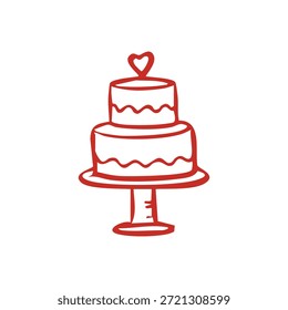 A simple red line drawing of a two-tiered cake with a heart on top.