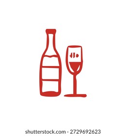 Un simple icono de línea roja representa una botella y un vaso de tallo, posiblemente conteniendo vino u otra bebida, sobre un fondo blanco.