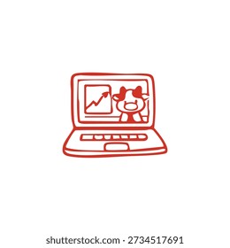 A simple red line illustration shows a laptop displaying an upward trend graph and a cartoon cow character on its screen.
