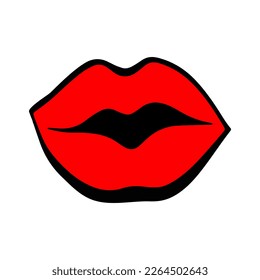 Simple Red Lips kiss. Vector patch, sticker isolated on white. Cool sexy red kissed. Cartoon Sign for print, in comics, Fashion, pop art, retro style