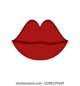 Simple Red Lips kiss. Vector patch, sticker isolated on white. Cool sexy red kissed. Cartoon Sign for print, in comics, Fashion, pop art, retro style
