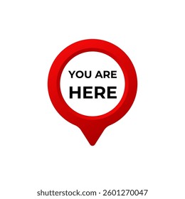 A simple red location pin with the phrase you are here in bold capital letters inside it.