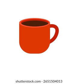 Simple red mug filled with a hot drink, shown in a minimal flat style. The cozy illustration is isolated on white background.