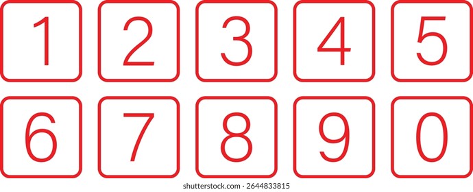 ícone de números vermelhos simples com retângulo arredondado com contorno vermelho. ilustração vetorial de 0 a 9.