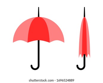 Simple Red Open and Closed Classic Umbrella Icon Set. Vector Image.