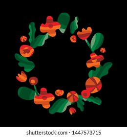 Simple red and orange flowers and green leaves on black background. Beautiful wreath. Trendy flat style illustration for banner, cover, flyer, greeting card, invitation and etc. Vector.