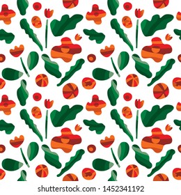 Simple red and orange flowers and green leaves on white background. Trendy flat style seamless pattern for banner, cover, flyer, greeting card, textile and etc. Vector.